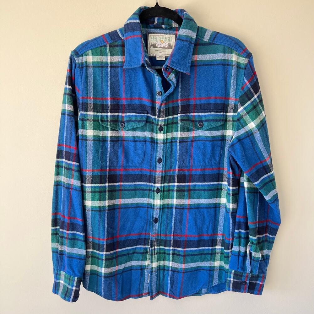 American Eagle Mens Cotton Flannel Shirt Blue Plaid Size M Y2K Grunge Skater‎